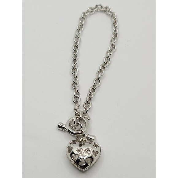 NEW Designer Inspired Chain Toggle Crystal Heart Charm Bracelet Silver-tone - Picture 3 of 4